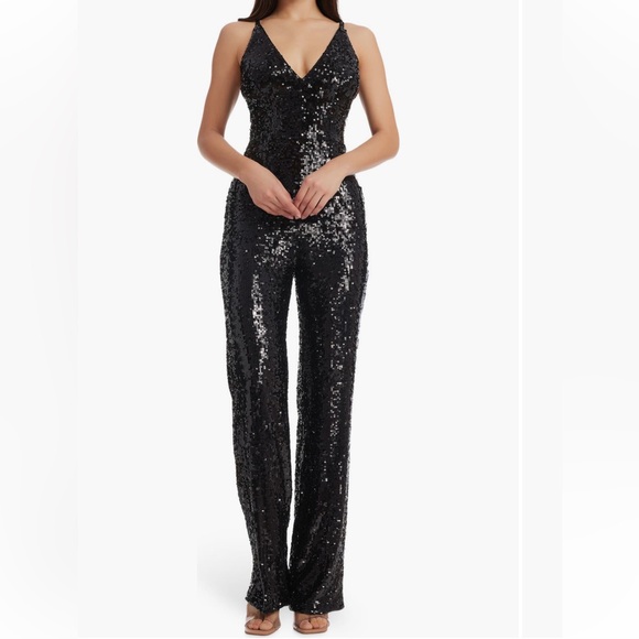 Dress the Population Pants - Dress the Population Black Sequin Jumpsuit